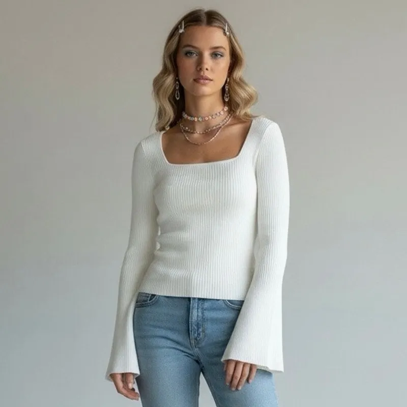 Y2K Hollister Square Neck Ribbed Top XS White Bell Sleeve Baby Tee 2000s - Image 2