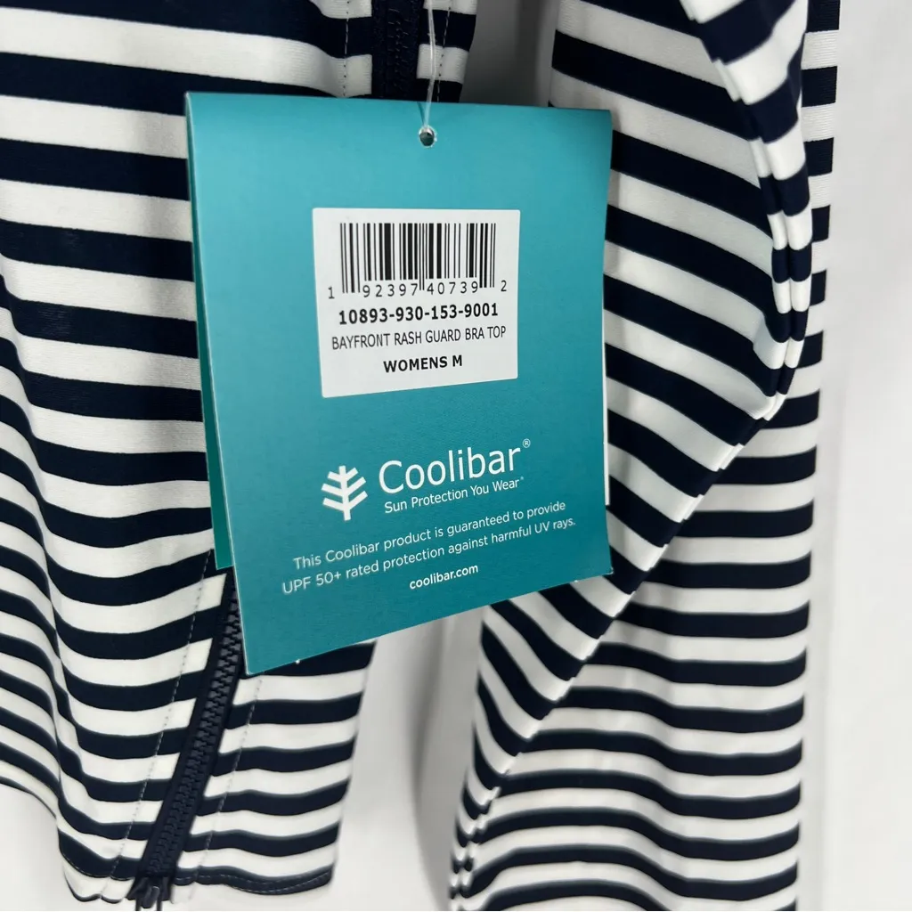 Coolibar Bayfront Rash Guard Bra Top Long Sleeve Zipper Sides Striped NWT Size M Blue Size M - Image 11