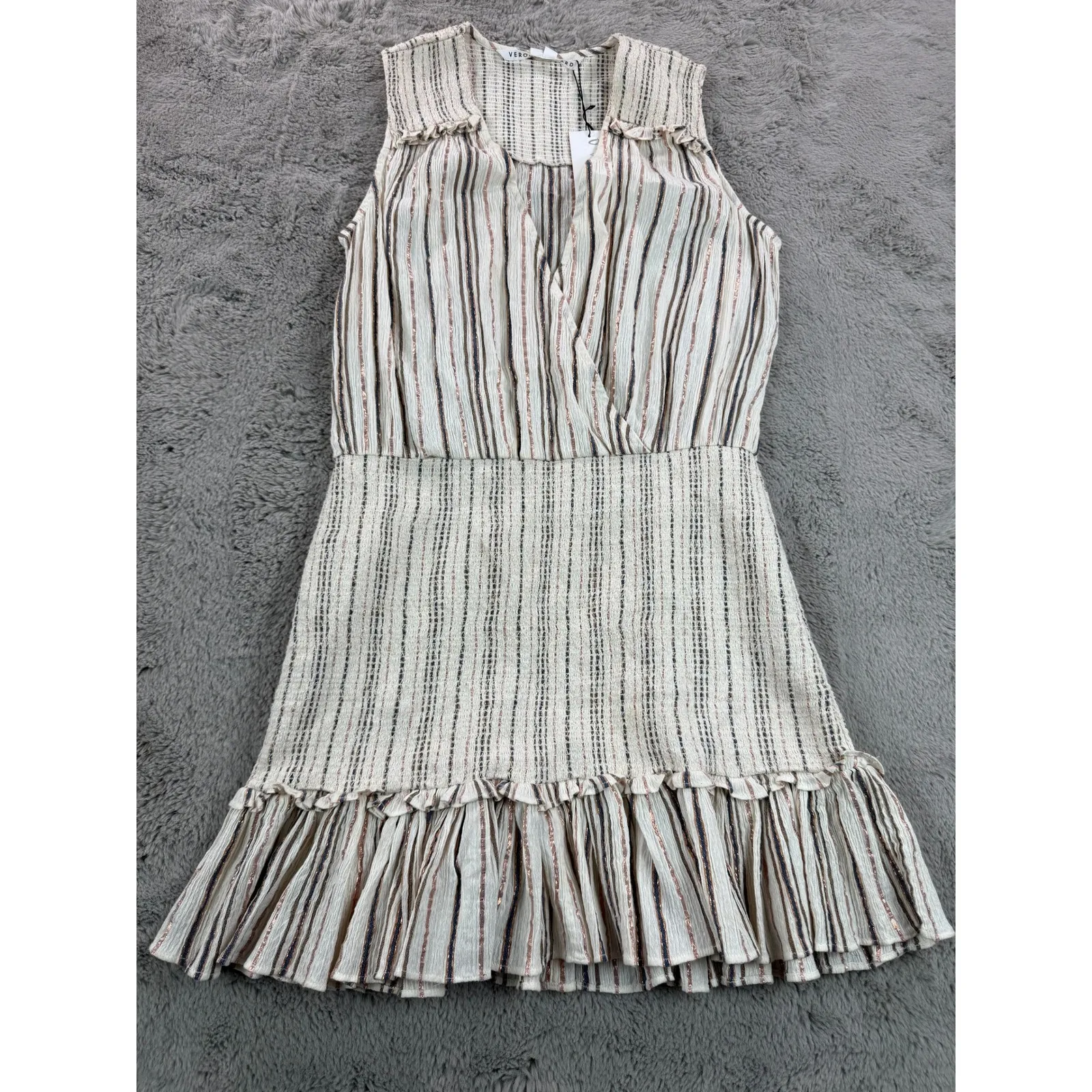 NWT Veronica Beard Cox Dress Size M Natural Multi Striped Ruffle Minimalist Y2K - Image 13