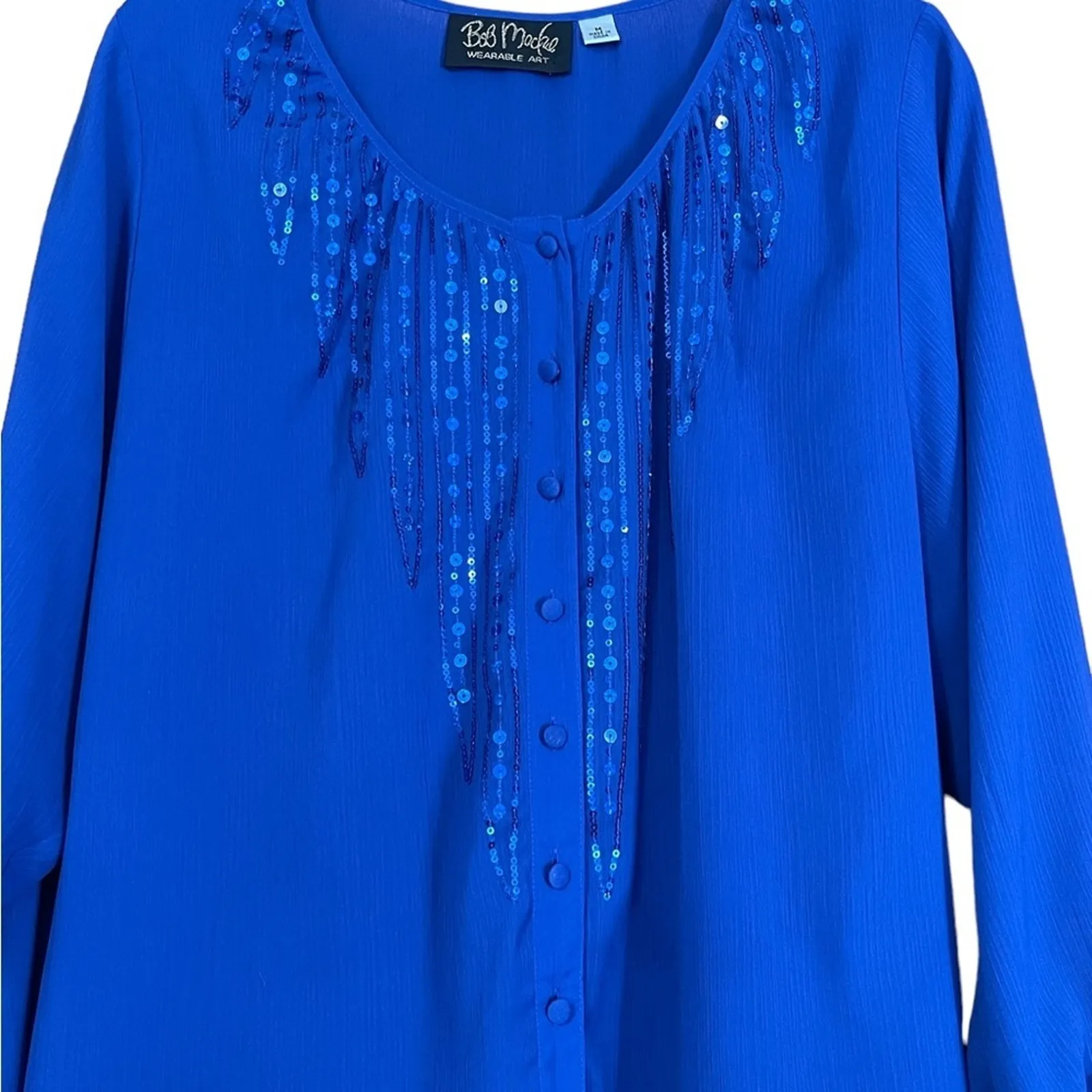 Bob Mackie Size Medium Blue Scoopneck Sequin Feather Button Front Crinkle Blouse - Image 2