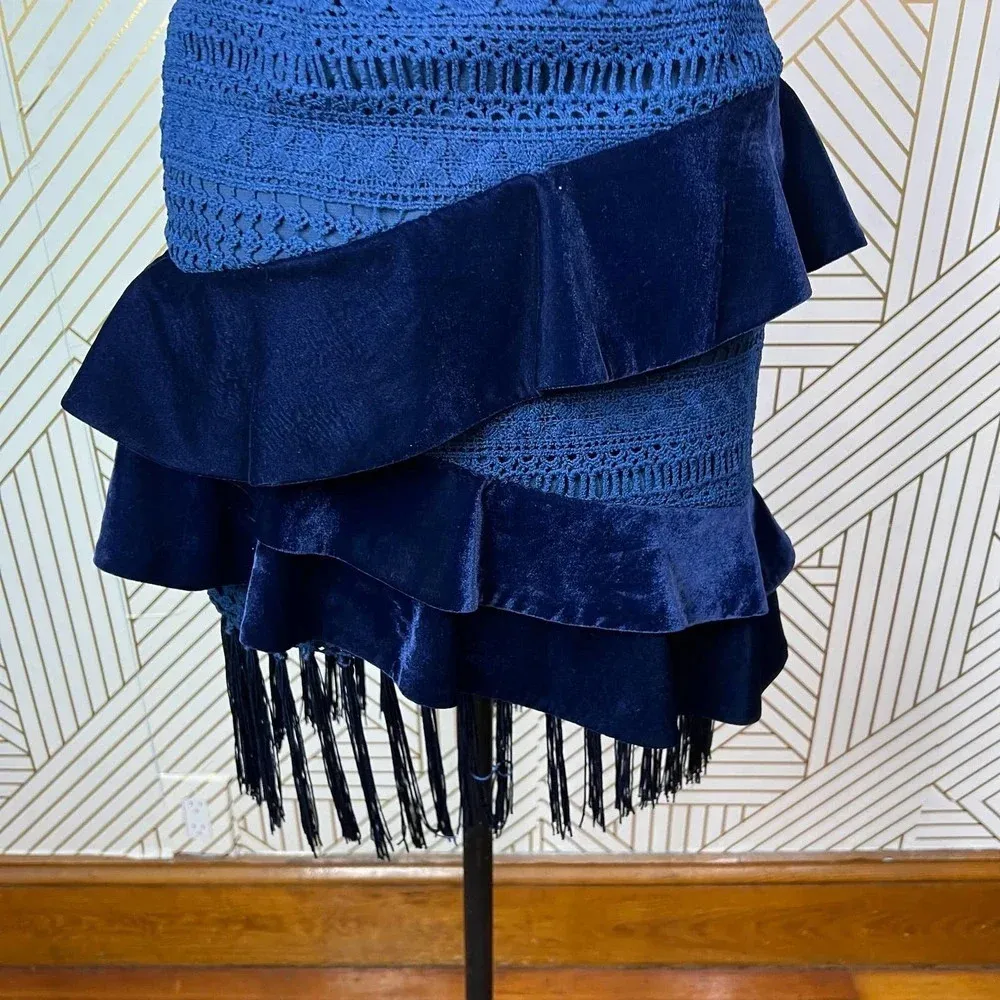 PatBo Velvet‎ Lace Crochet Fringe Brazil Skirt in Blue Navy Size US 2 - Image 11