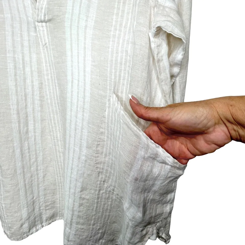 MAGASCHONI Linen Lagenlook White and Tan Stripe Oversized Tunic with Pockets M - Image 9