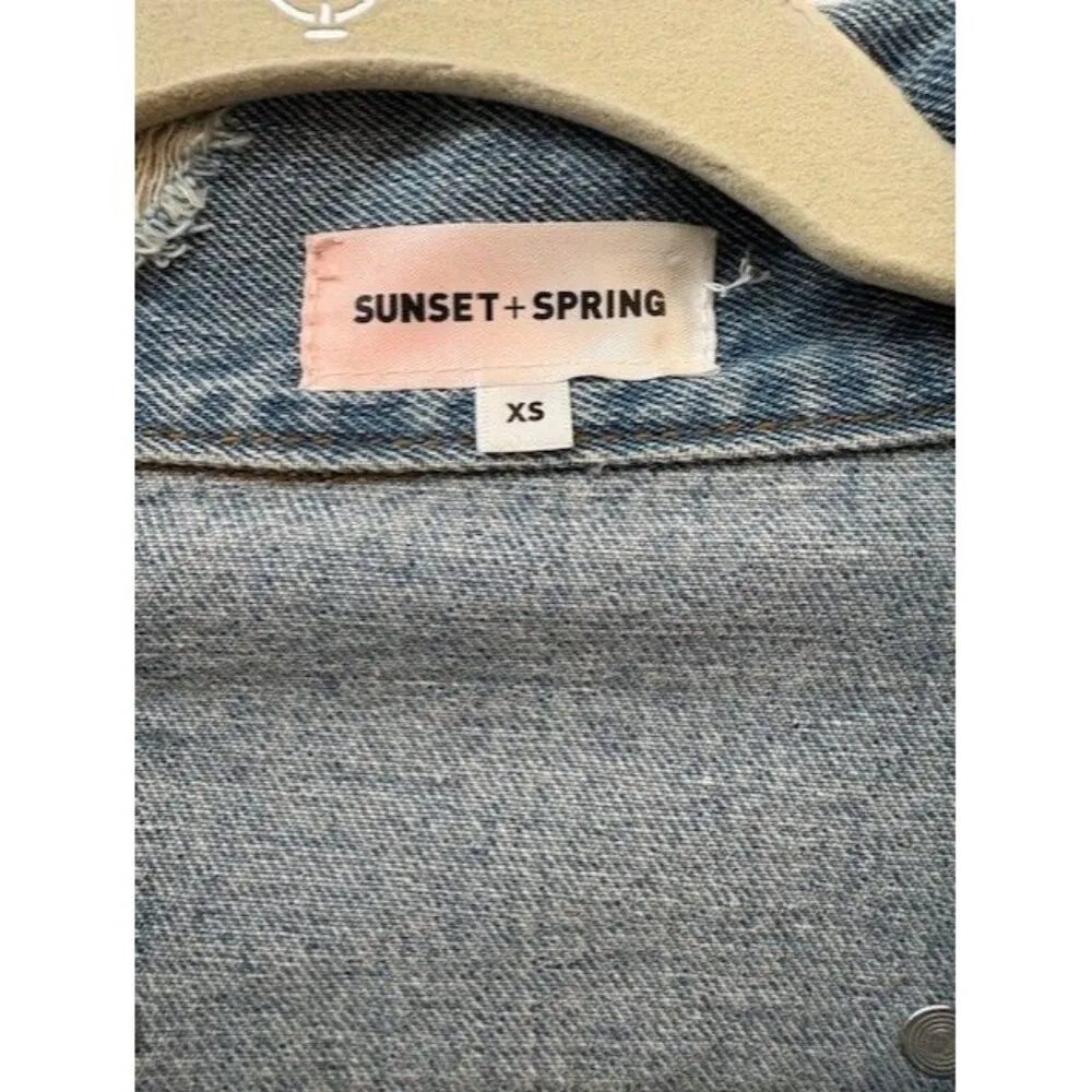 Distressed Denim Jacket With Studded Detail By Sunset + Spring Blue Size XS - Image 3