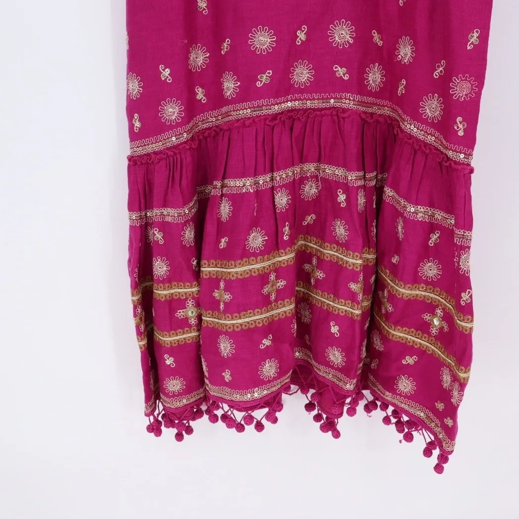 Calypso St Barth Pink Linen Beaded Pom Pom Flounce Dress XS - Image 4