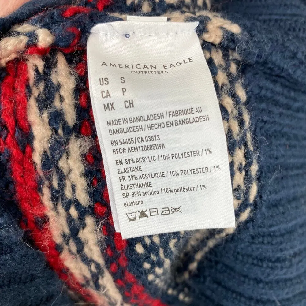 NEW American Eagle Navy Birdseye Fairisle Hoodie Sweater Small Nordic - Image 10