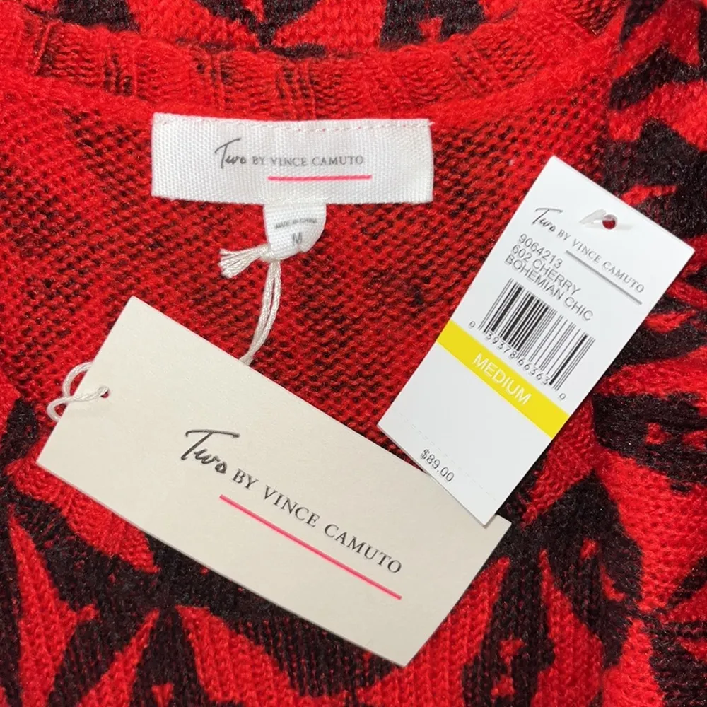 Two by Vince Camuto NWT M Cherry Red Black Brushed Acrylic Bohemian Chic Sweater - Image 4