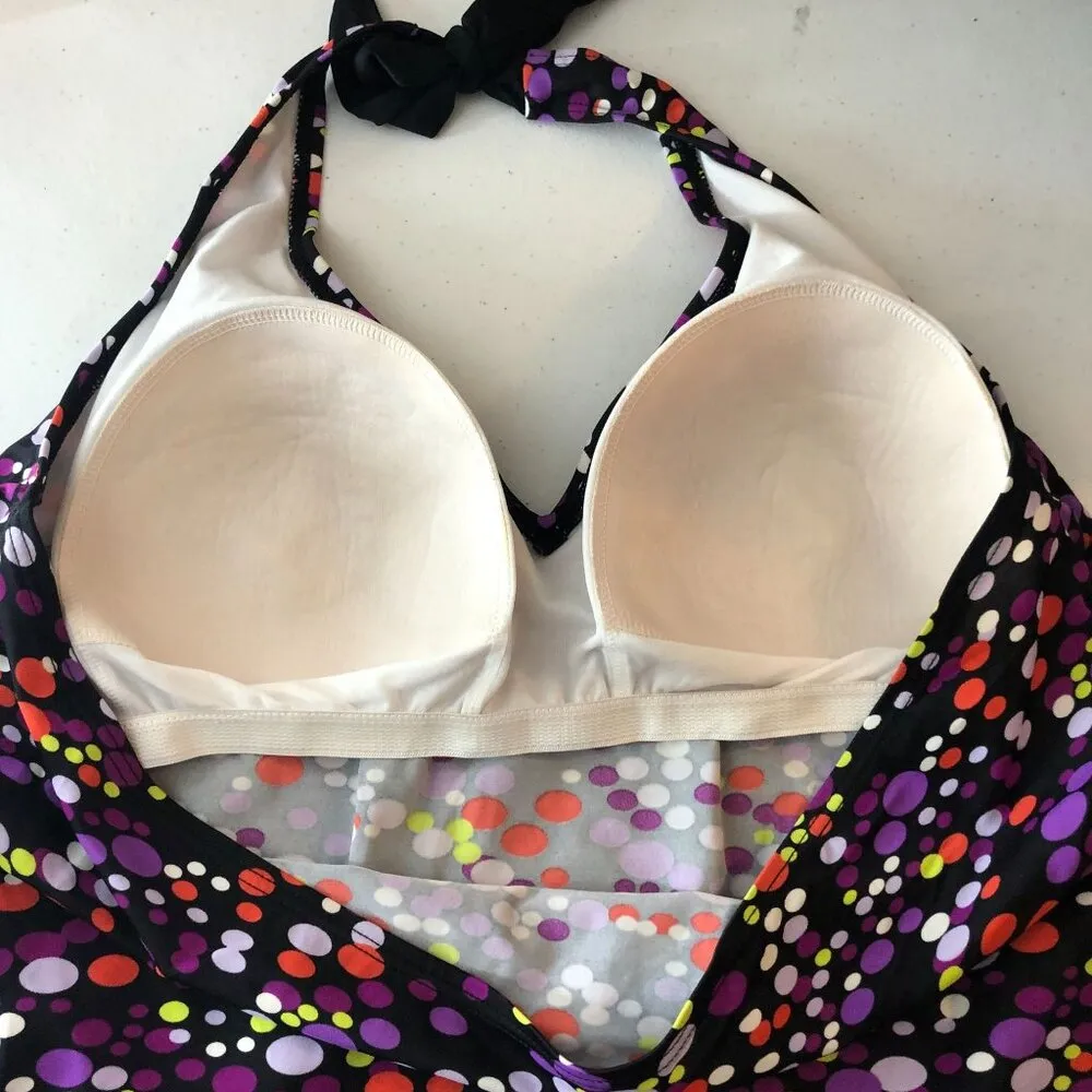 St John's Bay Tankini Top Halter Molded Cups Polka Dot Purple Black 20W - Image 3