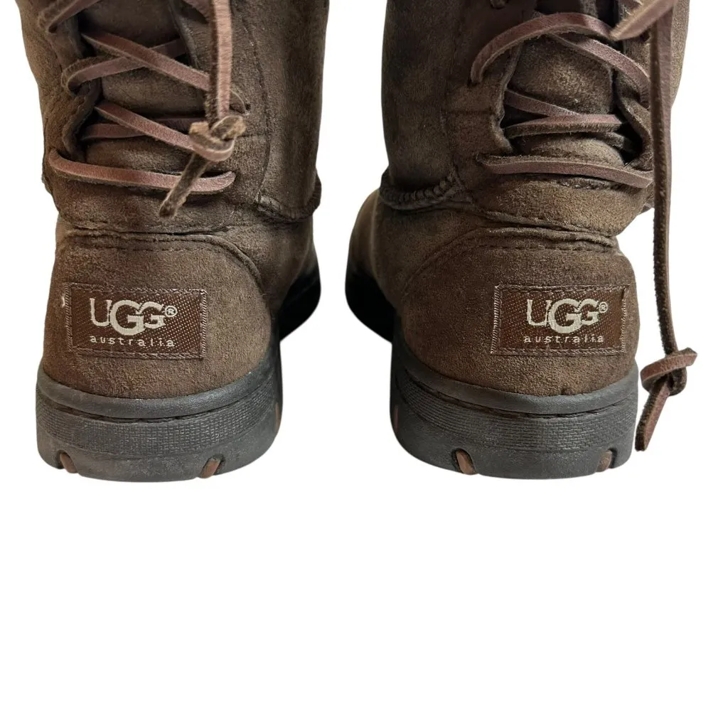 UGG Brown Sheepskin Fleece Topped Suede Boots Lace-Up Back Size 7 - Image 6