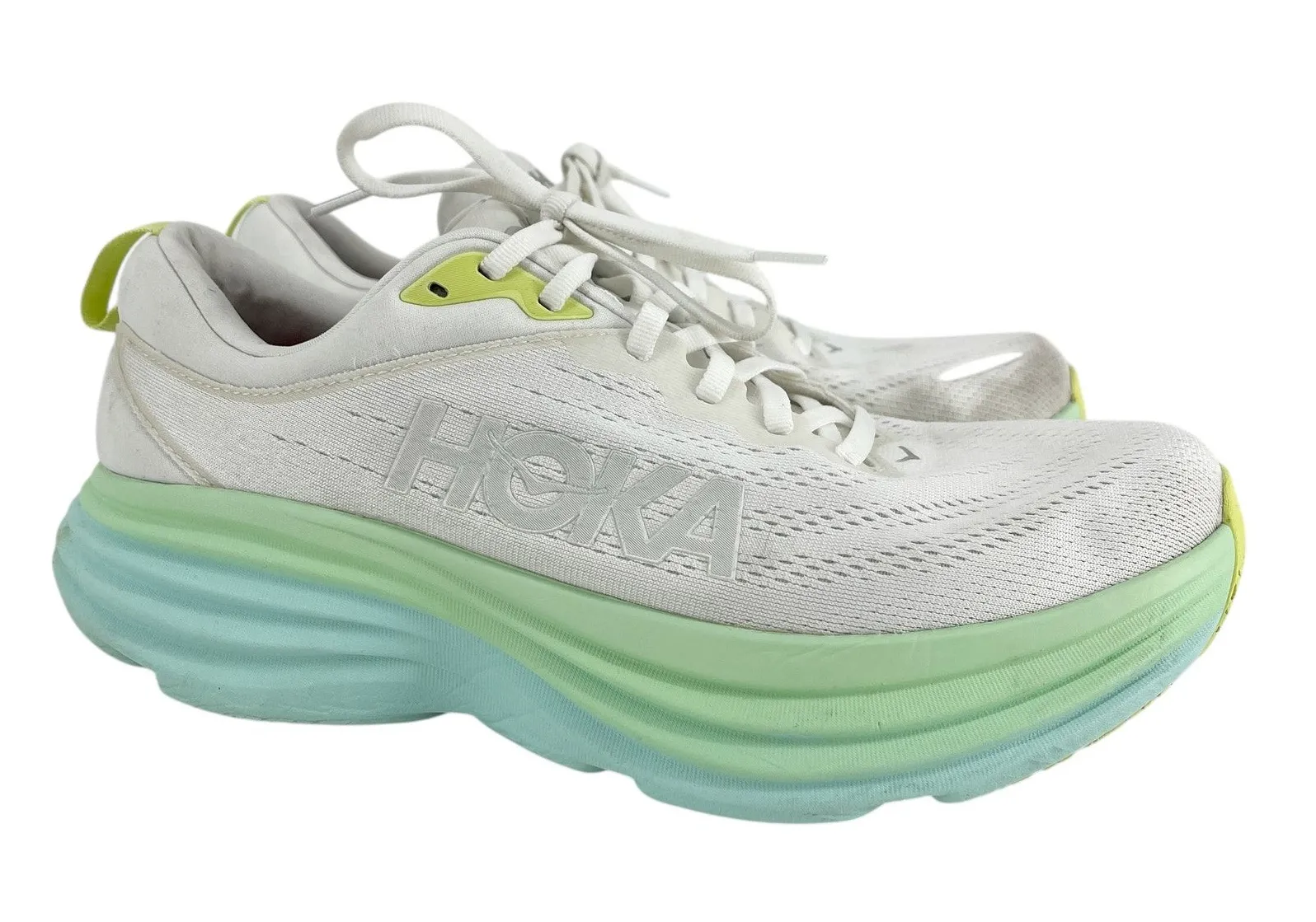 Hoka Womens Bondi 8 Running Sneaker Shoe Size 11 Blanc/Sunlit Ocean Active - Image 1