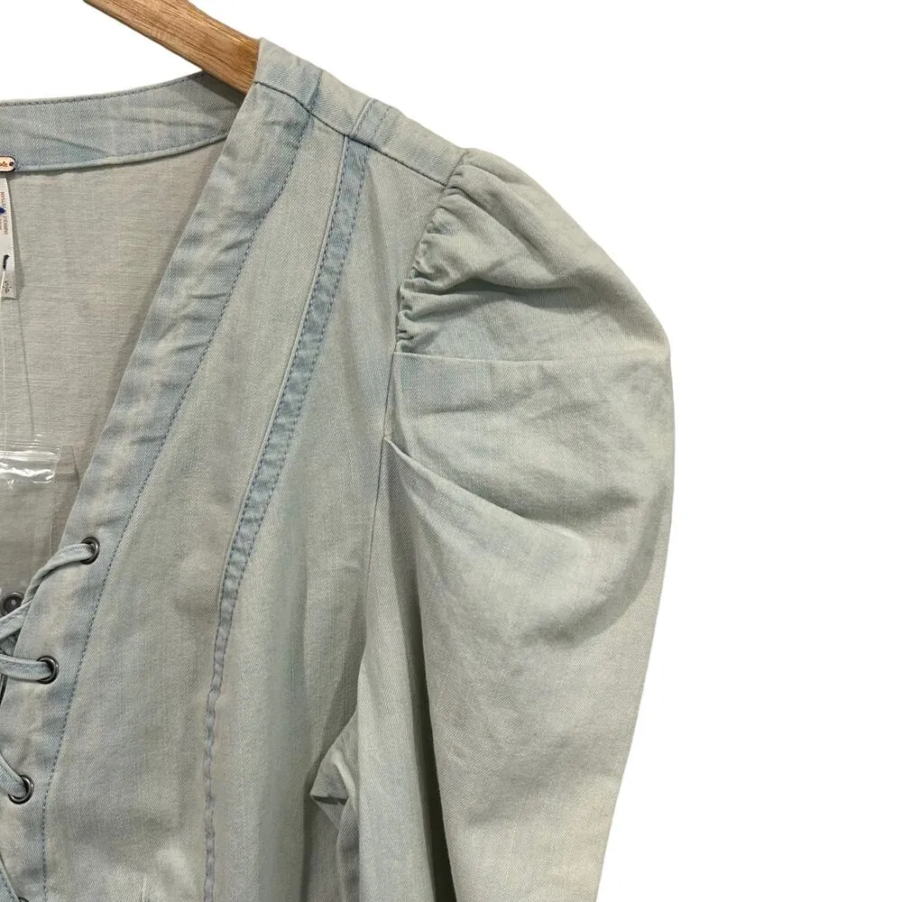 NEW Free People Lace Up Light Wash Cotton Denim Corset Top Size Small - Image 3