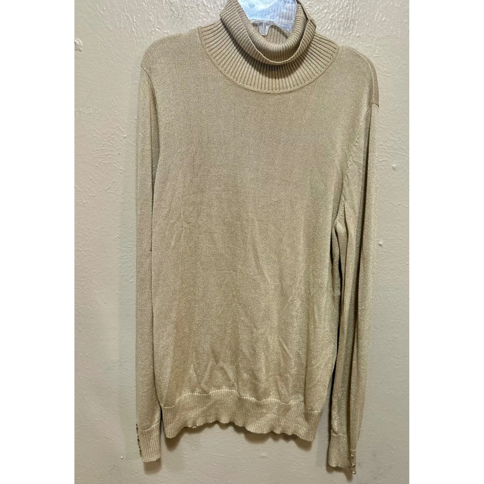 Womens Gold Knit Turtleneck Long Sleeve Sweater Metallic Sparkle Pullover Top - Image 3