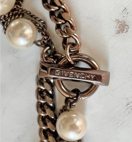 Givenchy Faux Pearl and Crystal Layered Bronze Necklace w Signed Toggle Clasp - Image 2