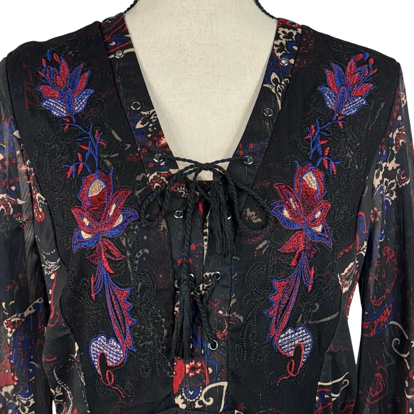 Reba Medium Midi Dress Paisley Long Balloon Sleeve Embroidered Lined Tasseled Black - Image 2