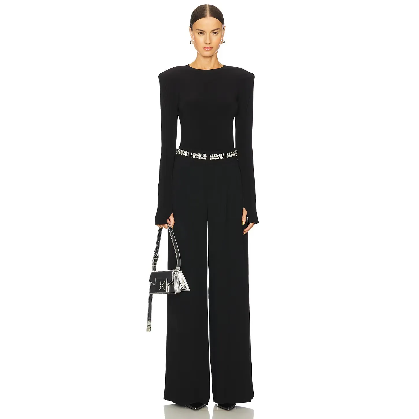 Cinq a Sept Rhinestone Chain Genna Black Crepe Wide Leg Pant Size 2 - Image 4