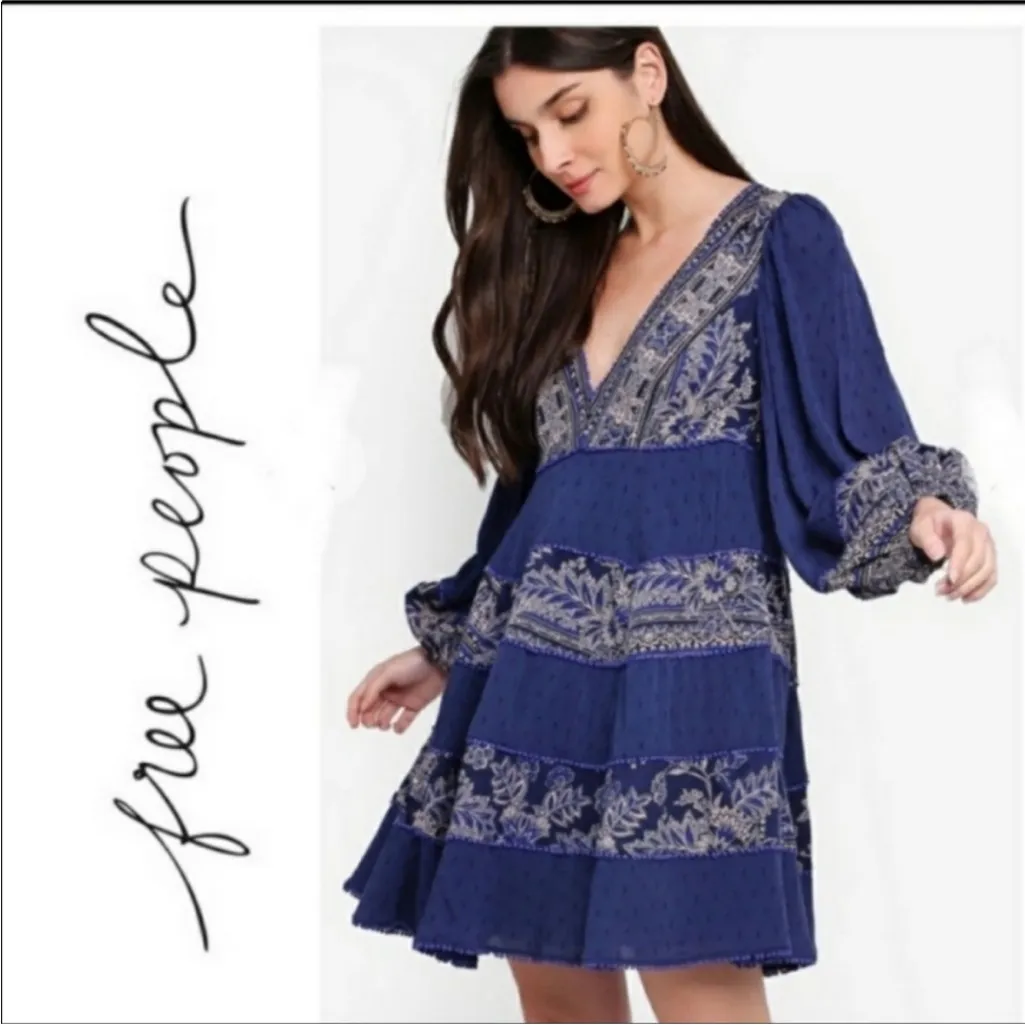 Free People My Love Mini Dress Blue Embroidered Size Small - Image 2