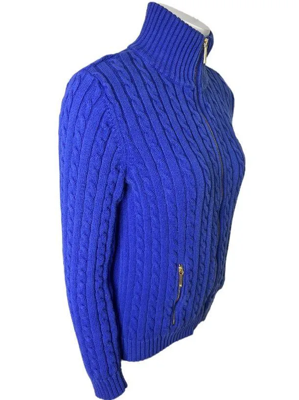 Lauren  Blue Cable Knit Crest Zip Up Sweater SMALL - Image 4