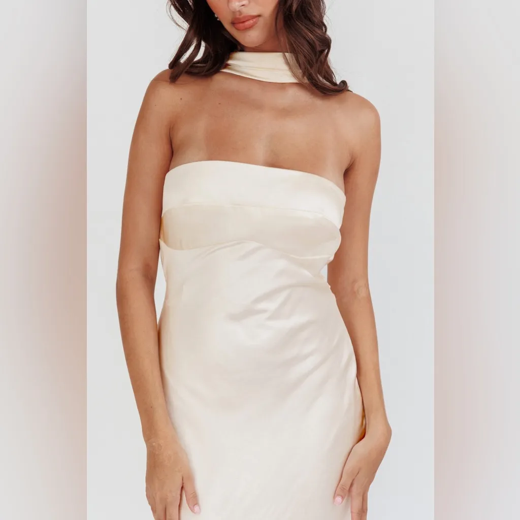 NWT Selfie Leslie Damsel Reverse Halter Maxi Dress Oyster - Image 3