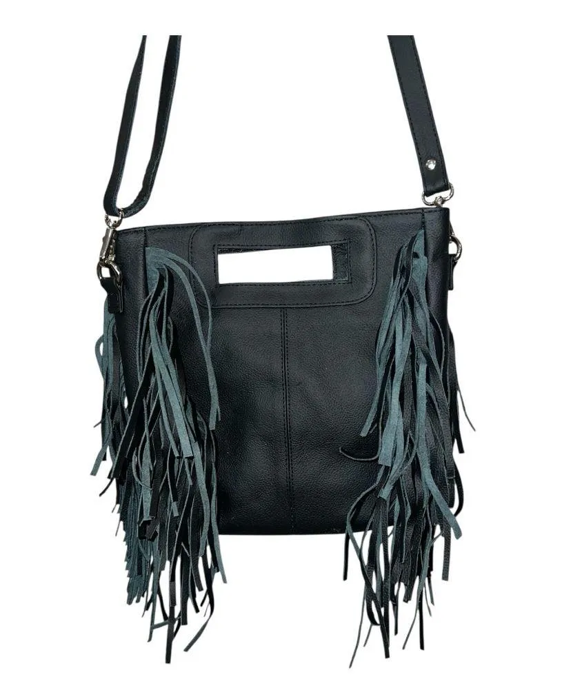 Raj LA Crossbody Embroidered Floral Bird Leather Bag with Fringe, Vintage NWOT Black - Image 3