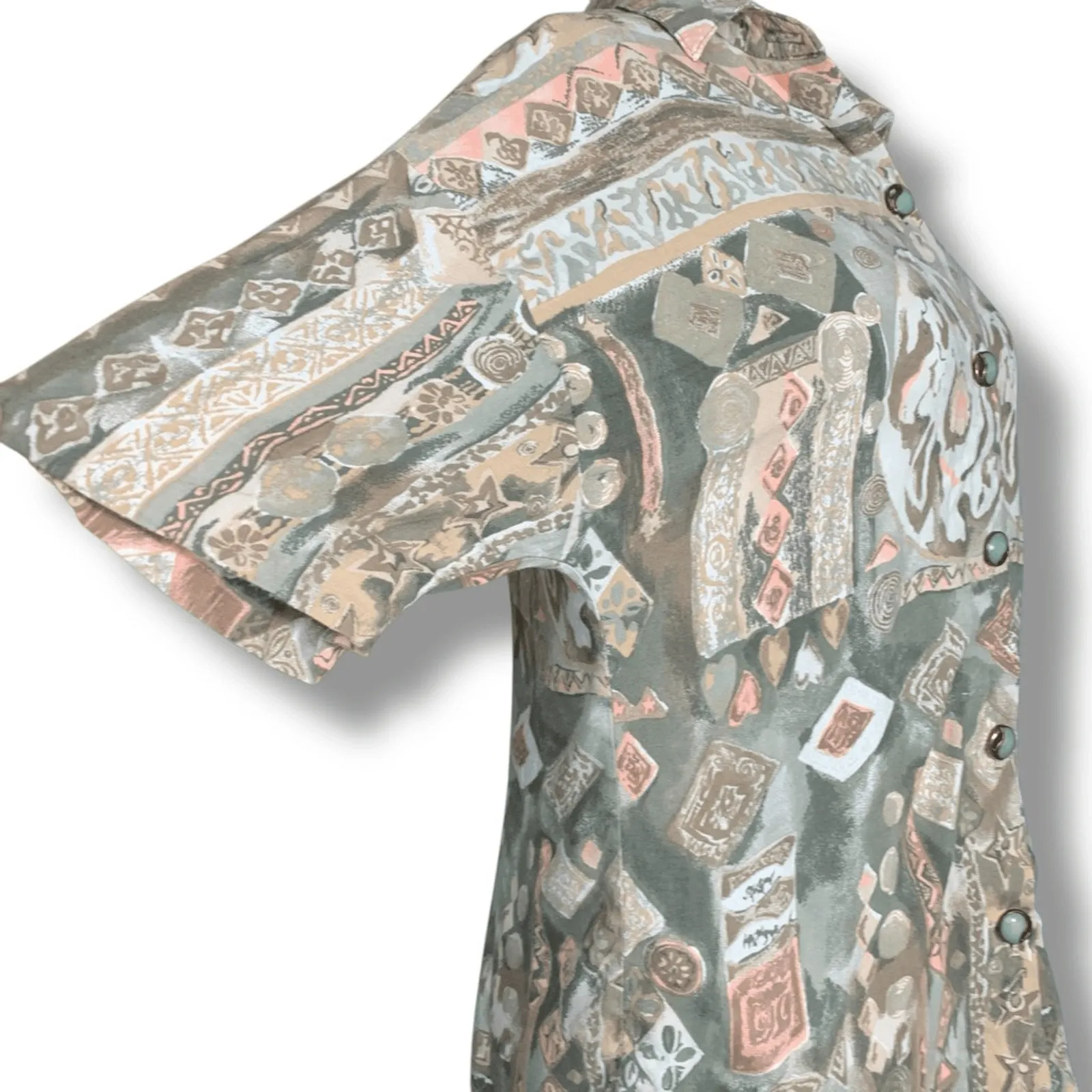 Vintage Top Abstract Print Button Up Earthy Pastel Cream Short Sleeve Medium Tan - Image 2