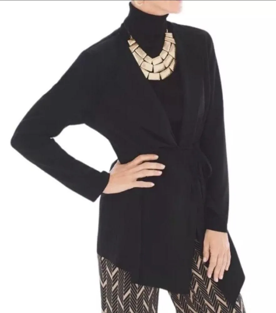 Chicos Tie Front Draped Minimalist long Jacket Black Lagenlook Womens 2 L 12 - Image 3