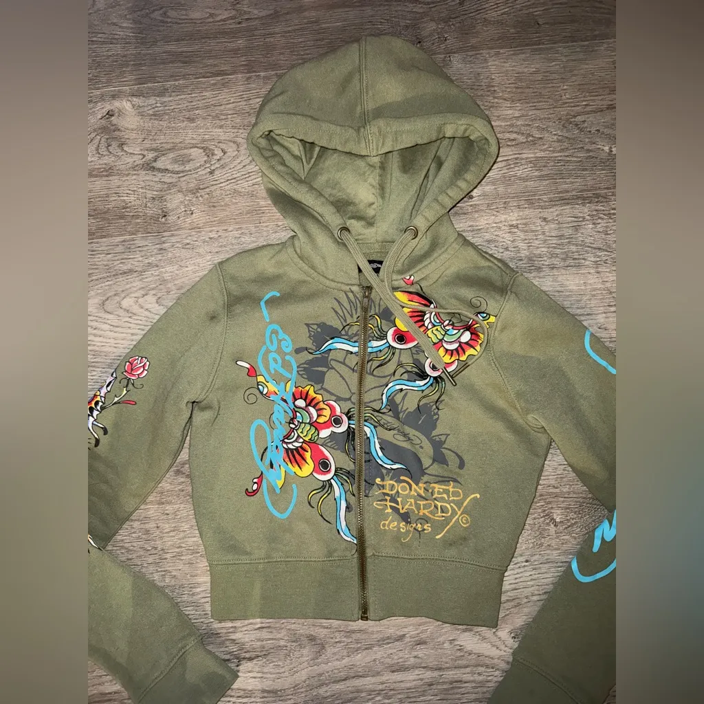 Ed Hardy Cropped Long Sleeve Jacket XS Women’s butterflies & Skulls - Image 3