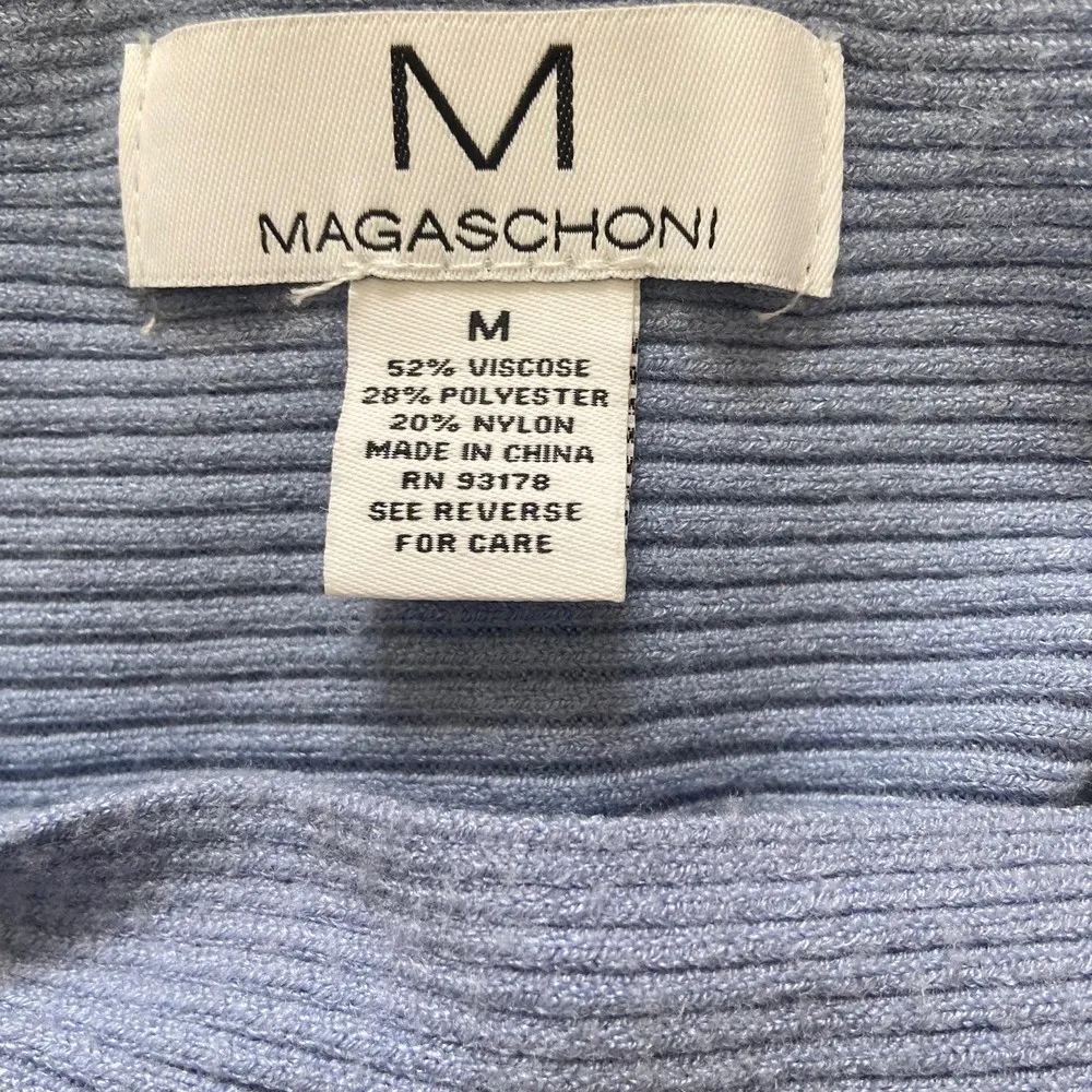 Magaschoni Blue Boatneck Sweater Shirt Size Medium Thick Blanket Stitch Details - Image 9