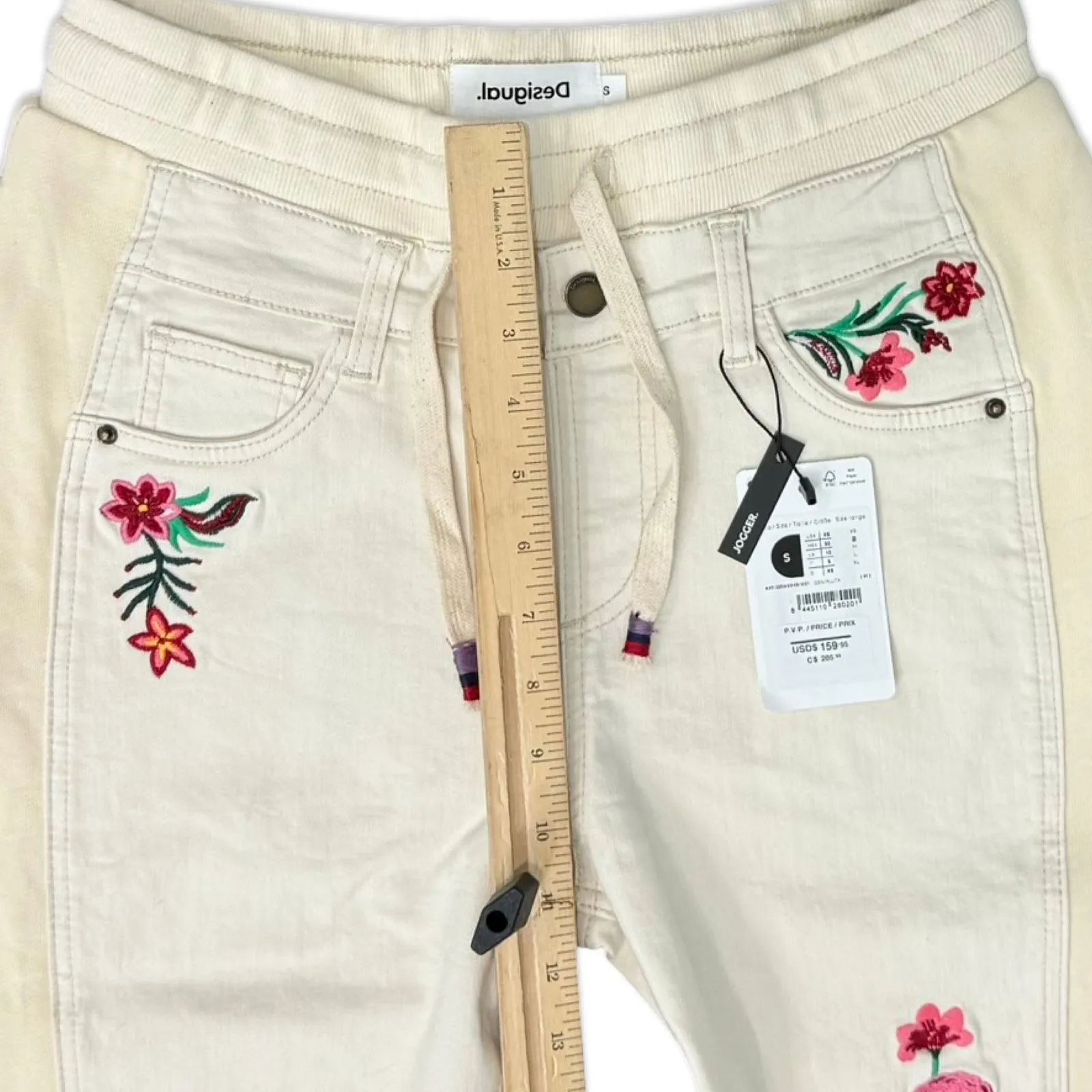 Desigual Cream Ecru Floral Embroidered Jogger Lita Raw Hem Jeans size S NEW Tags - Image 6