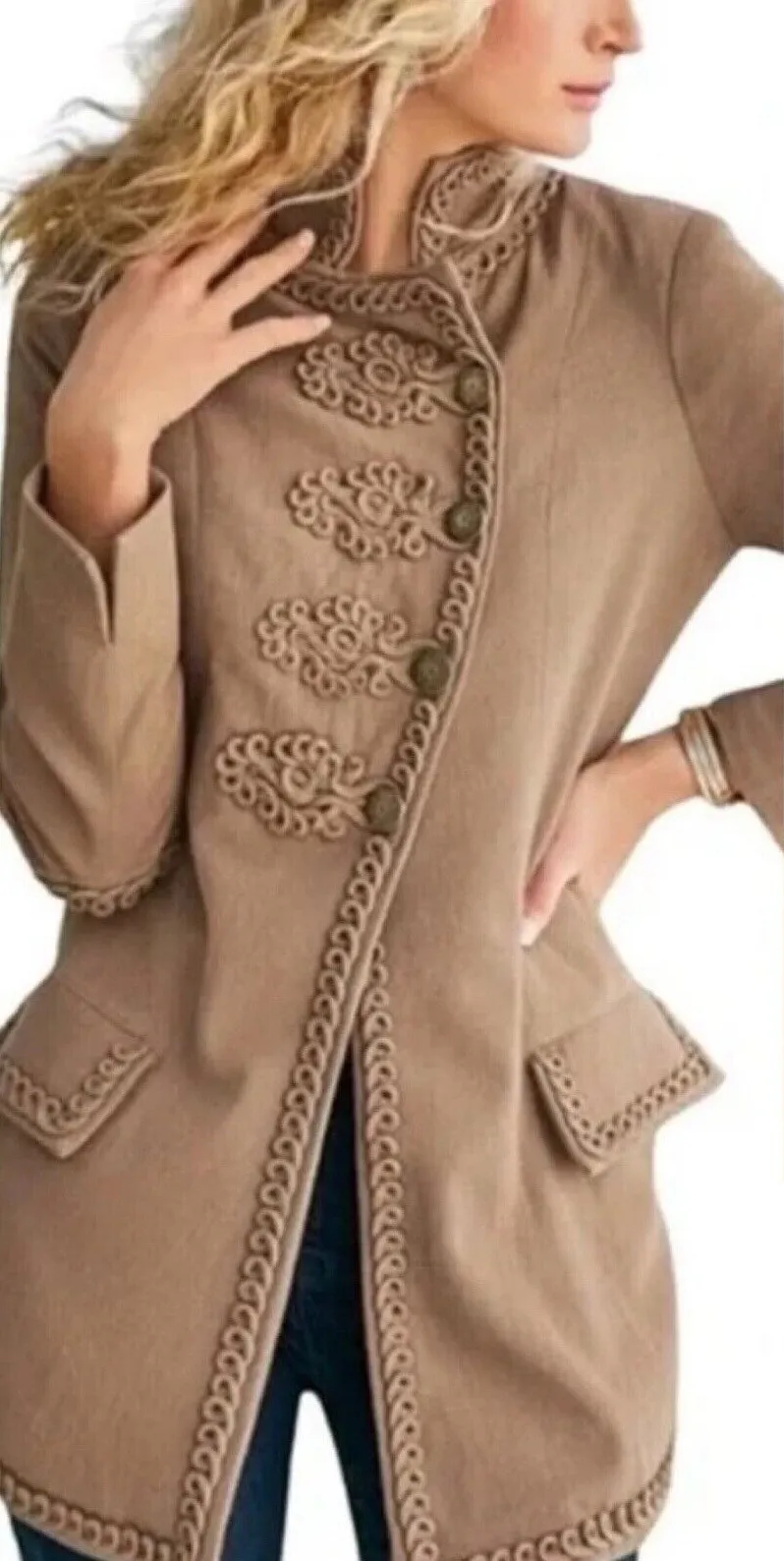 SOFT SURROUNDINGS Turlington Latte Military Style Jacket Size Medium Asymmetric - Image 1