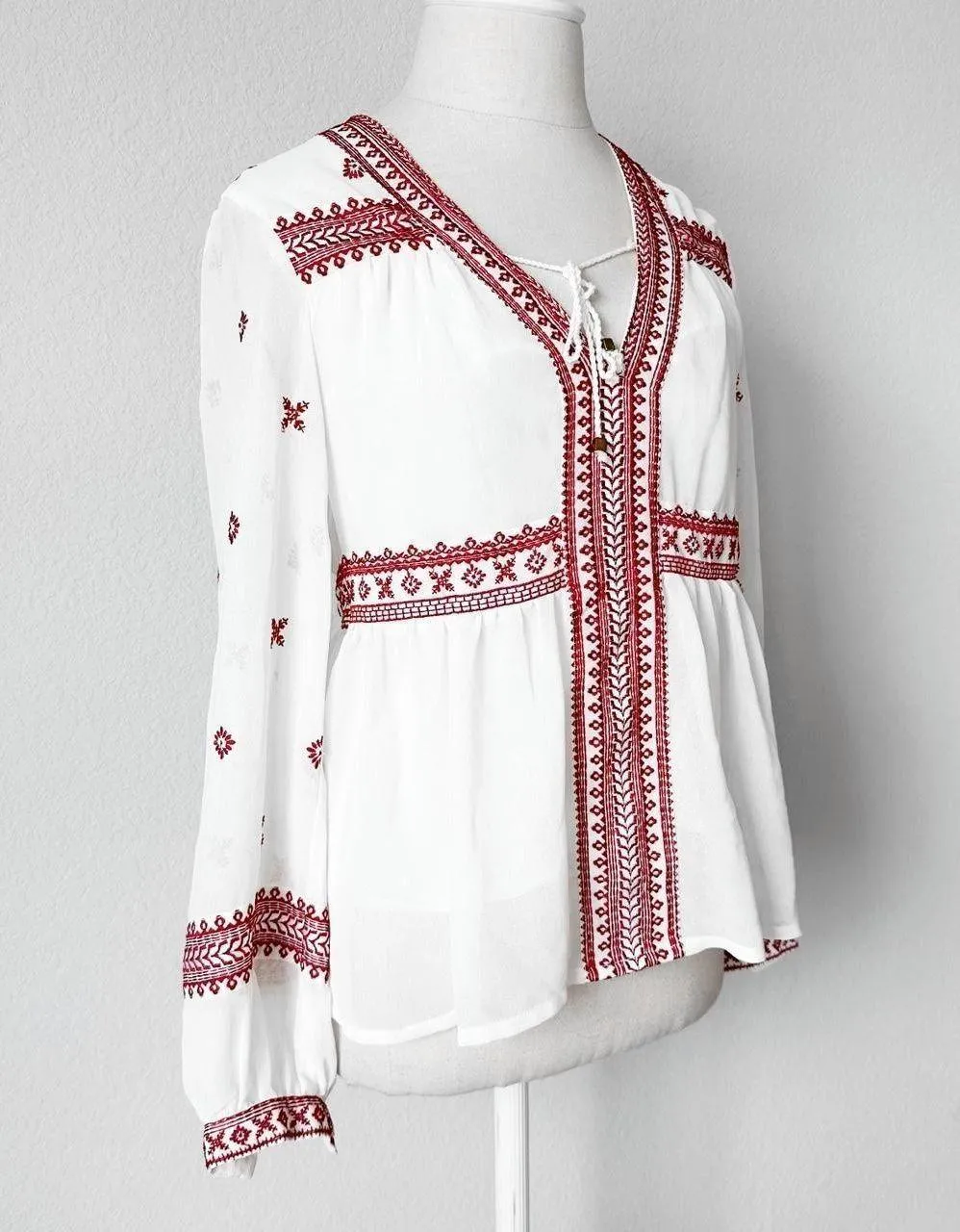 Off White Long Puffy Sleeve Striped Boho Babydoll Blouse Size 0/XS - Image 4