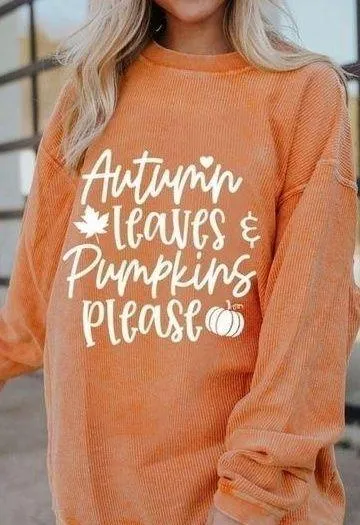 Orange Autumn leaves & pumpkins please ribbed oversized sweatshirt size large - Image 1