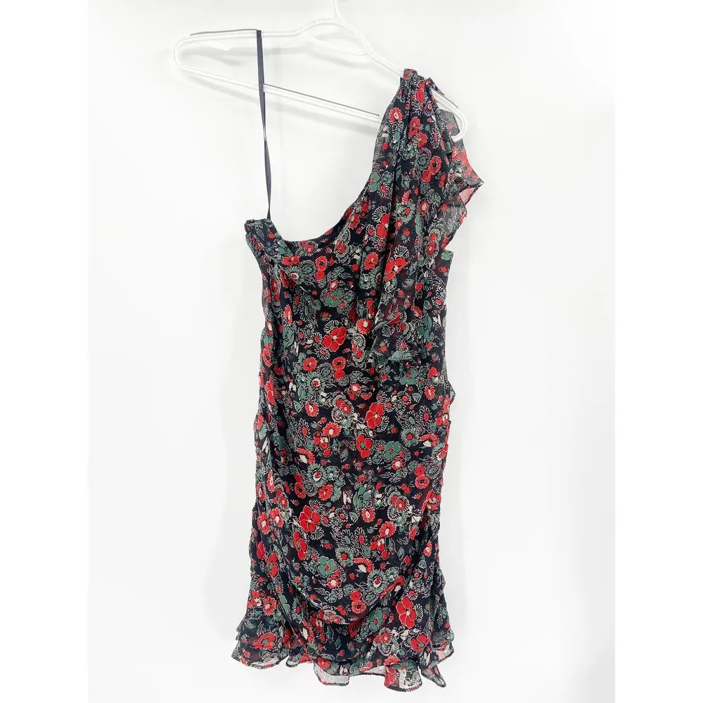 Veronica Beard Ballard Black Floral Print One Shoulder Silk Ruffled Dress 10 - Image 3