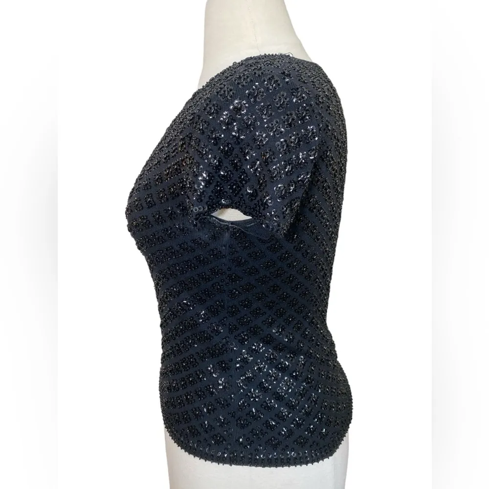 Beautiful 90s black beaded 100% silk short sleeve top - Image 2