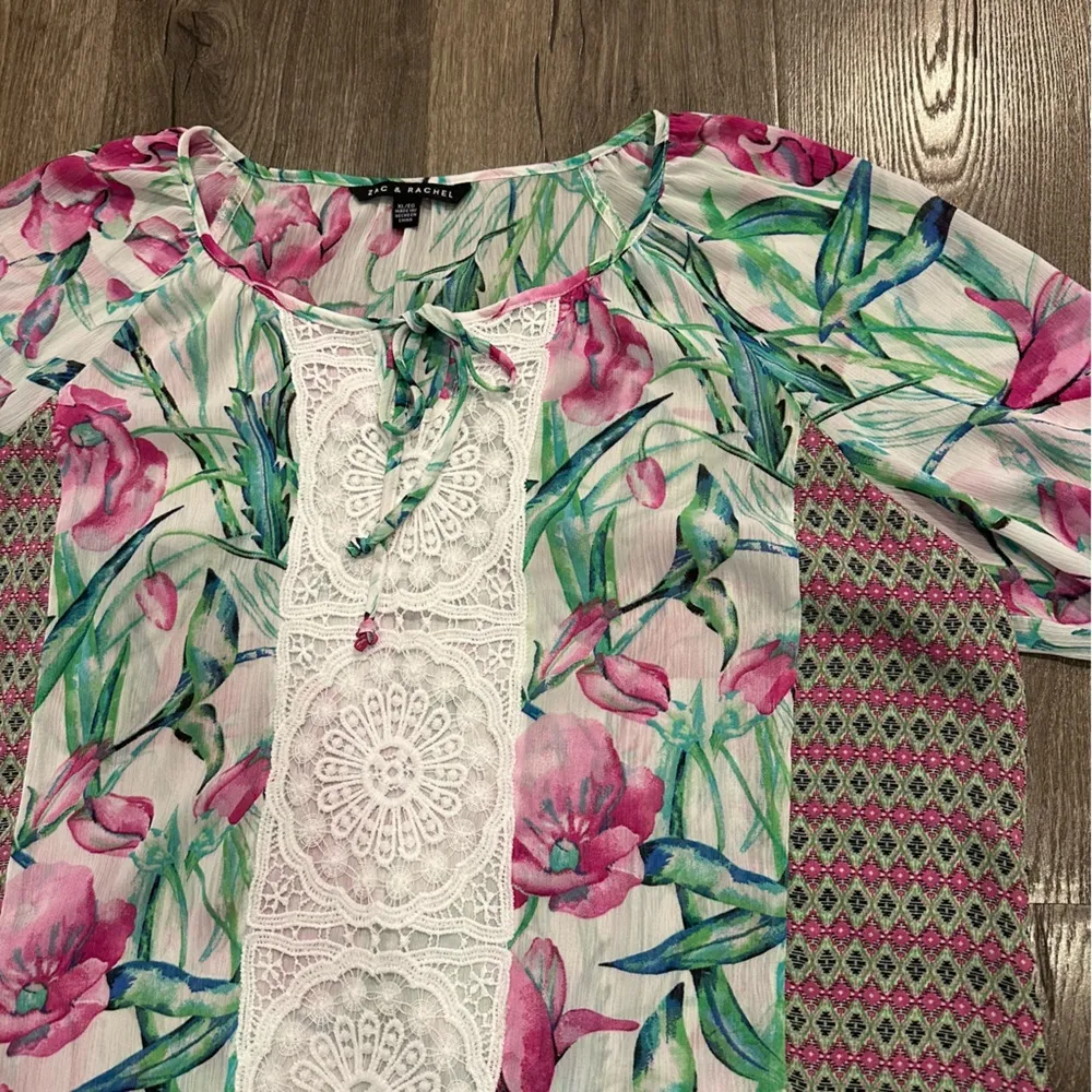 Zac & Rachel Blouse Top XL Pink Green Floral Flowy Cottagecore Lace Sheer Boho - Image 3