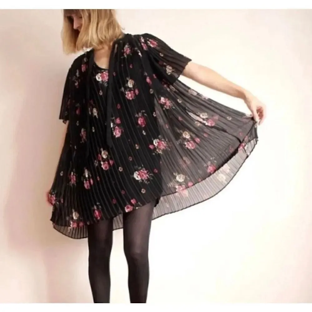 ZARA Black Floral Pleated Romper Playsuit Mini Dress Bohemian SZ S - Image 3