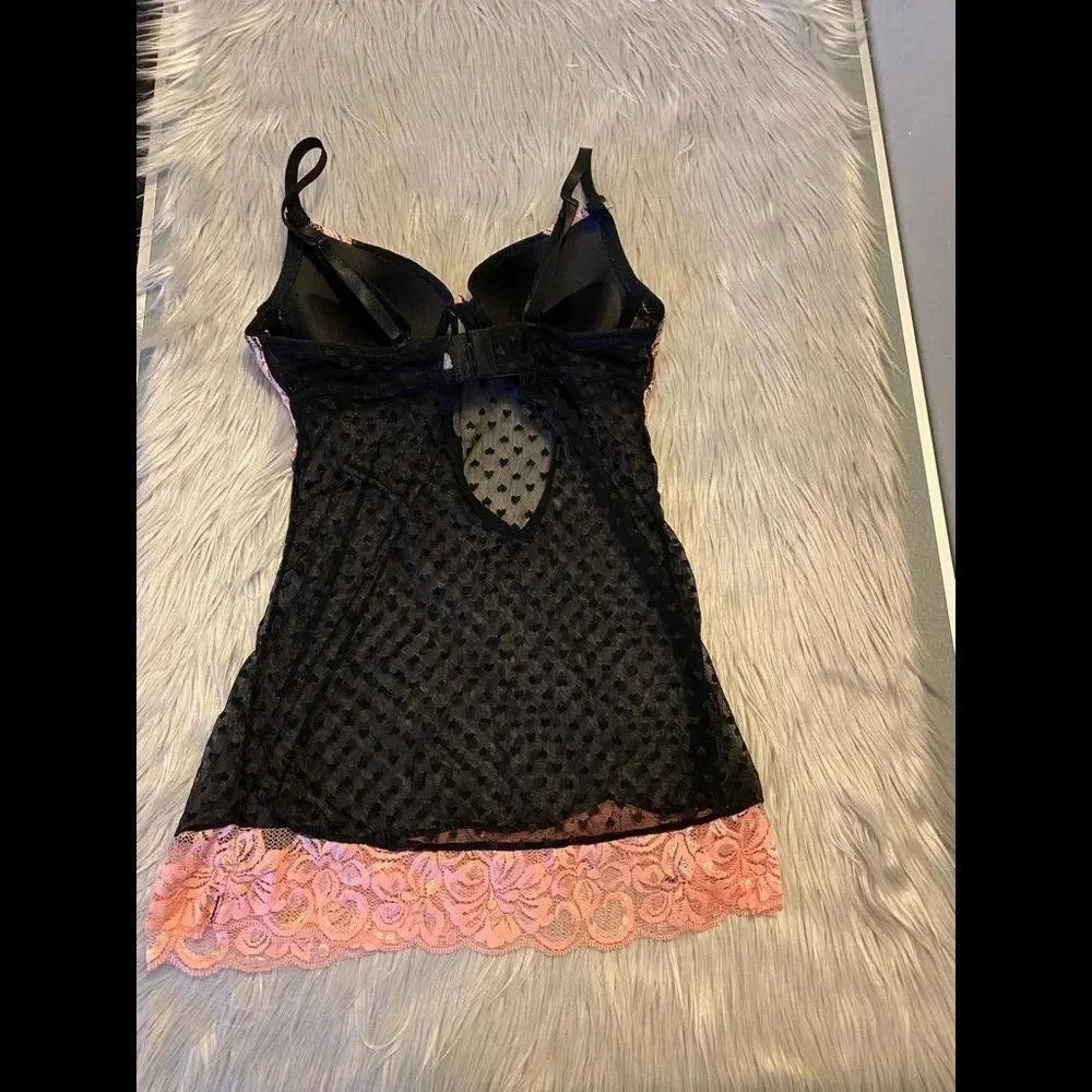 Black Lace Heart Pattern with Pink Lace Accent Lingerie - Image 8