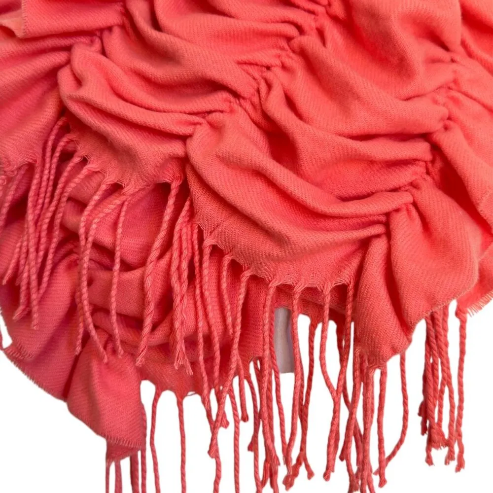 So Soft! Smocked Ruffled Coral Acrylic Scarf With Fringe Cashmere Feel Pink - Image 2