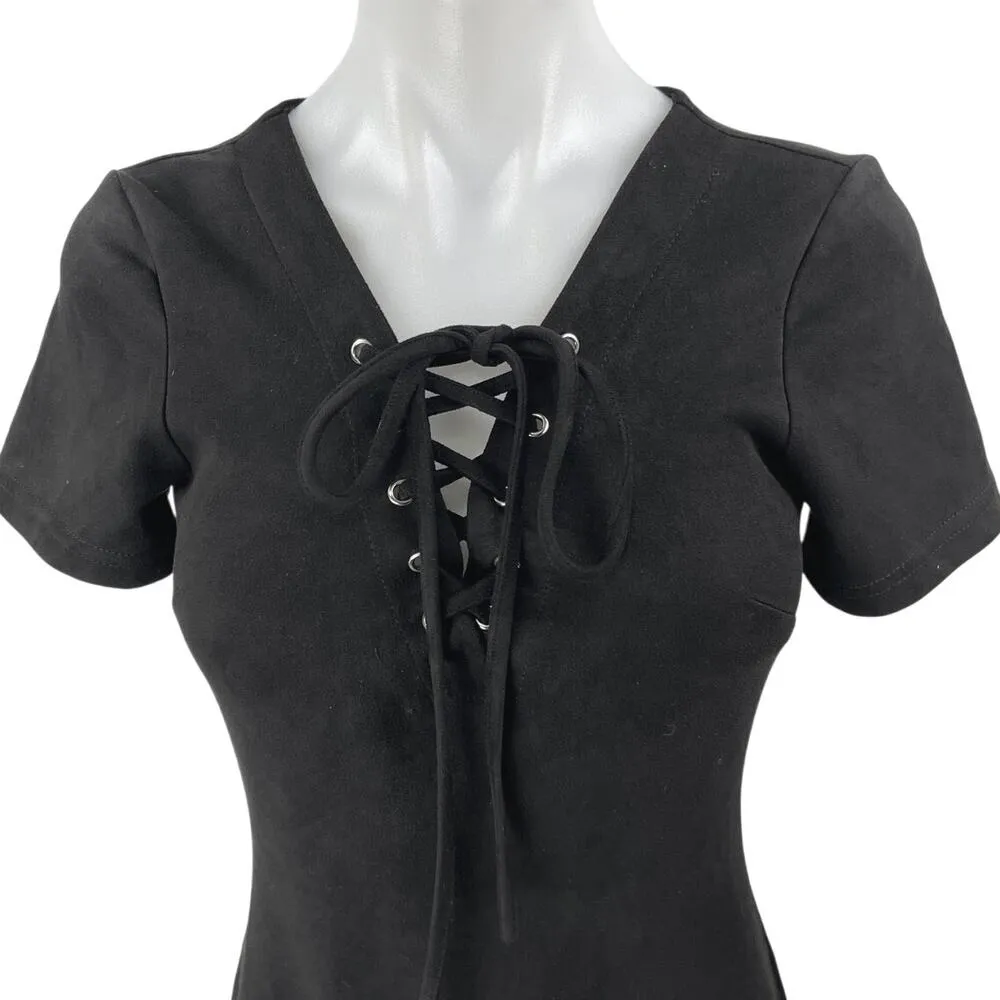 Orcelly Faux Suede Leather Black Lace Up Crisscross Short Sleeve Mini Dress Sz S - Image 3
