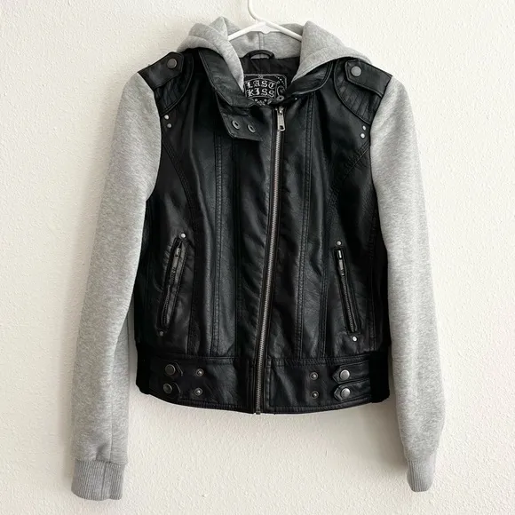 Last Kiss Y2K Black Leather Hybrid Gray Hooded Zip Moto Jacket Size Medium - Image 2