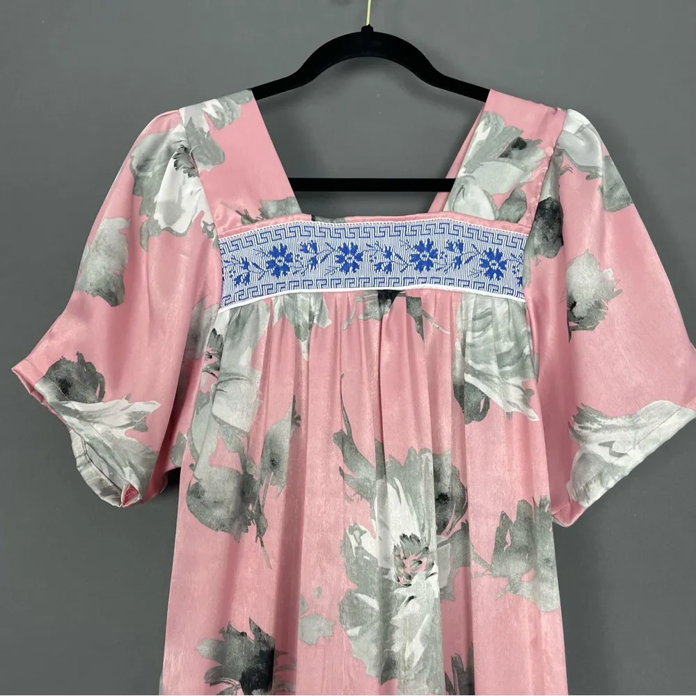 Handmade Muumuu Dress Floral Light Pink Maxi Ruffle Greek Ribbon Short Sleeves‎ Size M - Image 4