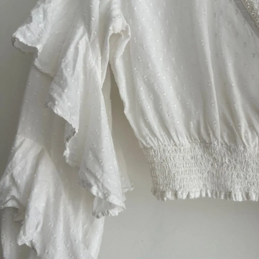 Z&L Cotton Ruffle Smocked Top One Size White Feminine Crop Flounce Love Fancy Size M - Image 4
