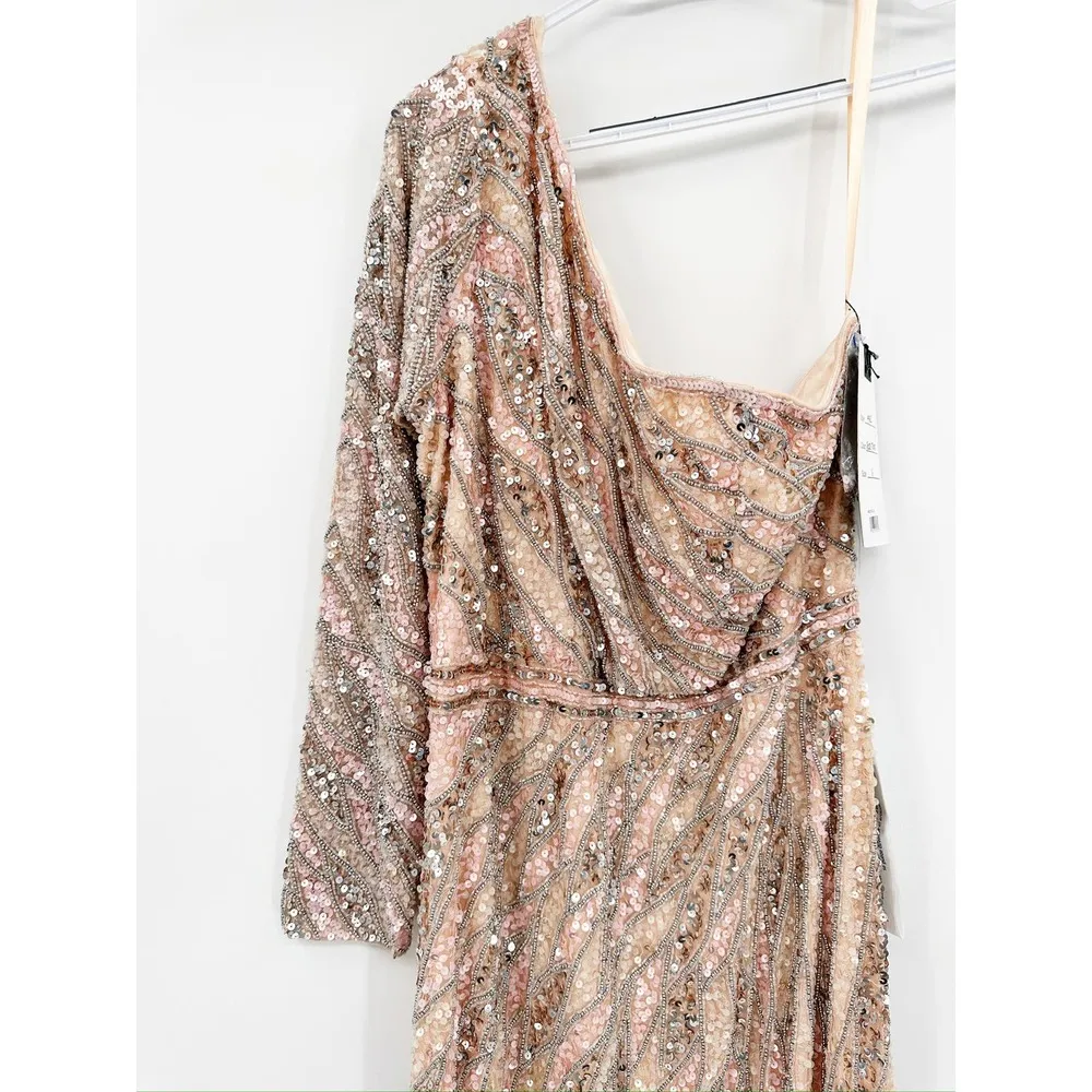 Mac Duggal 4982 Rose Gold Embellished One Sleeve Gown w/ Sequin Belt - Image 4