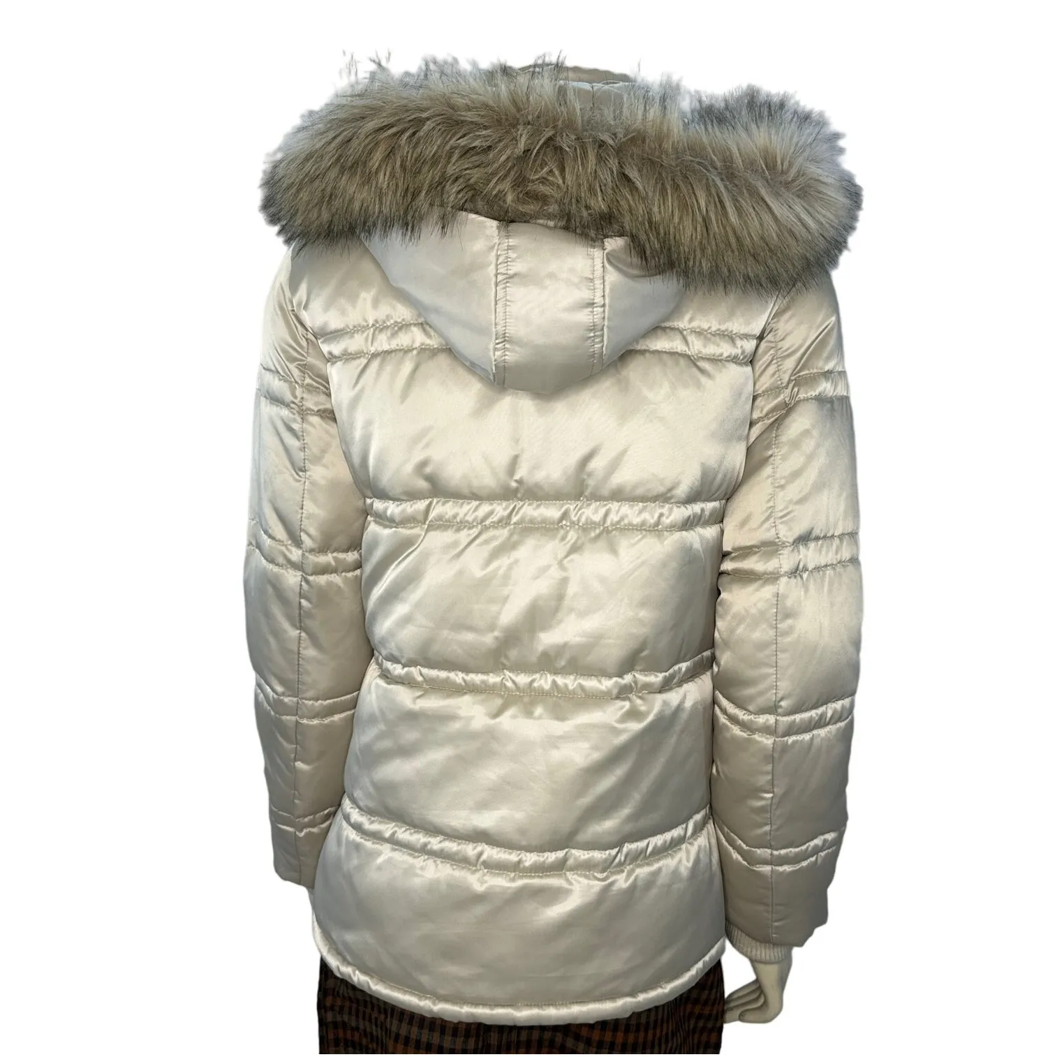 2000s Esprit Faux Fur Hooded Cream Winter Puffer Coat Size Medium - Image 3