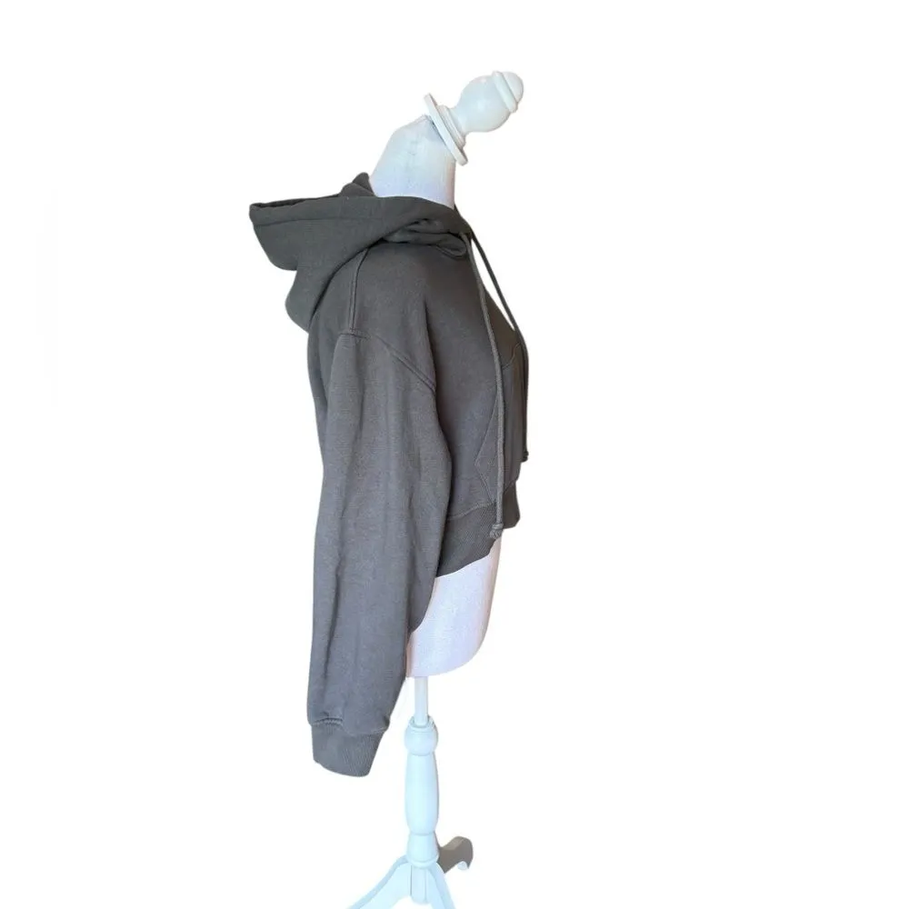 Zara Cropped Hoodie Sweatshirt Fleece Lined Womens Size Medium Gray Grey - Image 3