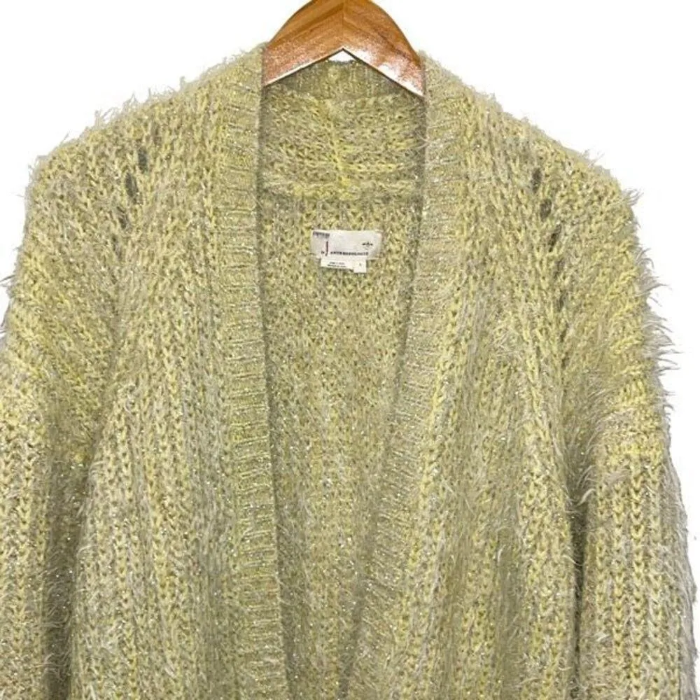 Anthropologie Womens Larkin Shimmer Metallic Fuzzy Eyelash Cardigan Yellow Large - Image 2
