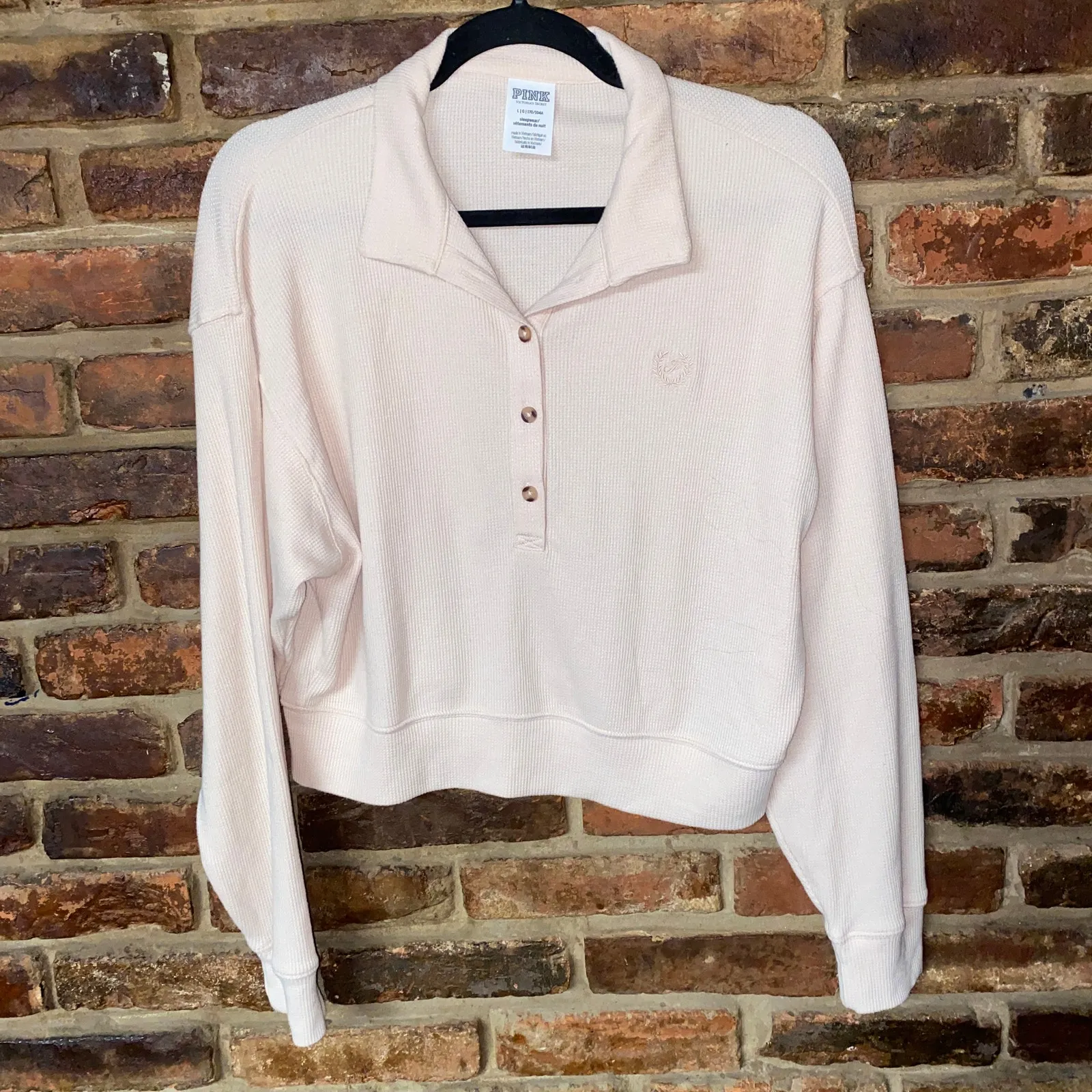 PINK Victoria's Secret Cream Long Sleeve Thermal Waffle Knit Henley Size Large - Image 3