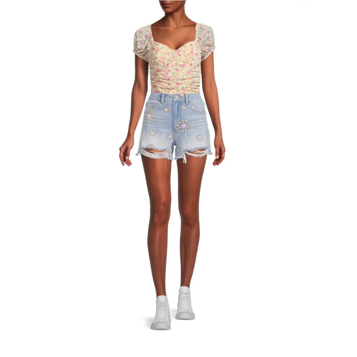 No Boundaries High Rise Destructed Midi Denim Shorts - Image 2