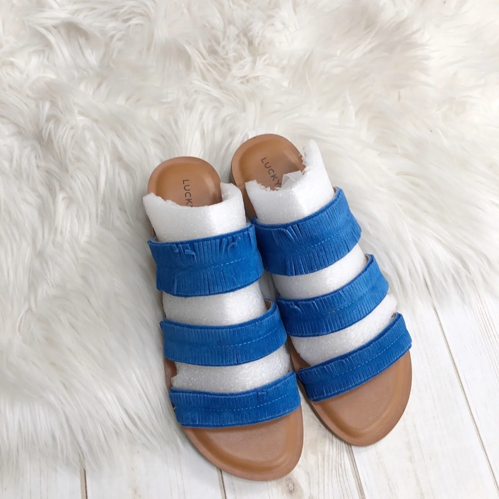 Lucky Brand Women's NIB Hegan Blue Suede Fringe Slide Flat‎ Sandal 9.5 NEW - Image 3