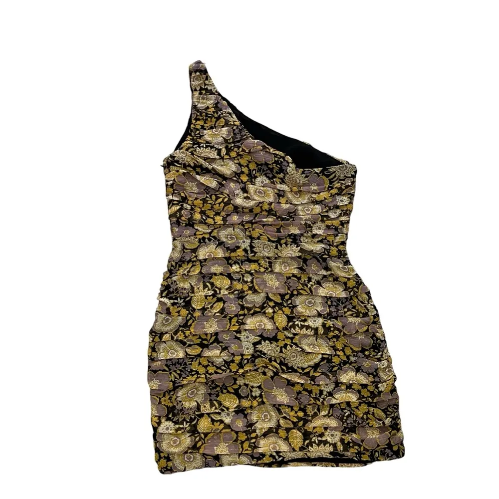 Zara Floral Yellow Purple Glitter Drape One Shoulder Bodycon Dress, Sz S - Image 5