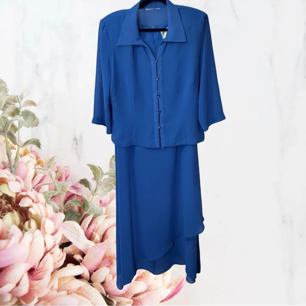 J. Taylor Vintage 80’s Set 2 Piece Blue Asymmetrical Dress Sheer Blazer Sz 14 - Image 2