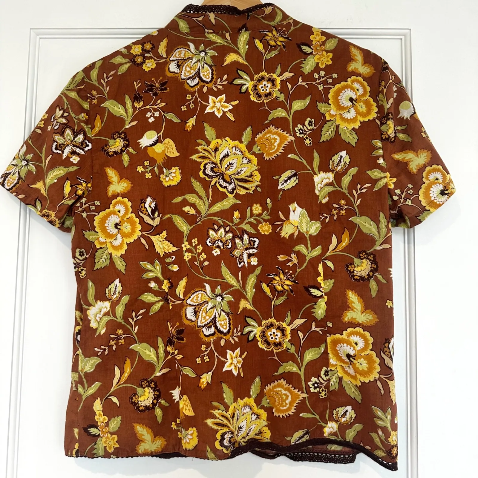 Requirements Floral Button Down Top Short‎ Sleeve Brown Yellow Blouse L - Image 5